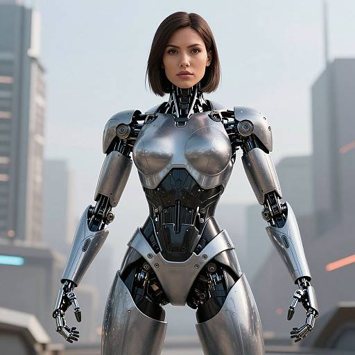 Photorealistic CGI of a sleek, silver and black female robot with short brown hair, standing confidently in a futuristic cityscape.
