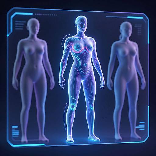 Digital CGI of a glowing, neon blue, humanoid female figure with detailed body circuits, standing between two dimly lit, shadowy silhouettes.