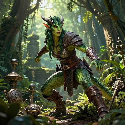 Digital fantasy artwork of a green-scaled, horned, female lizard warrior in medieval armor, crouching in a sunlit, jungle ruins setting
