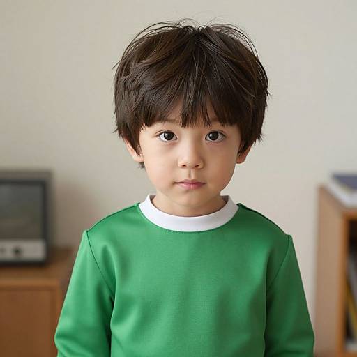 Photograph of a young Asian boy with dark, tousled hair, wearing a green long-sleeve shirt with a white collar, standing indoors against