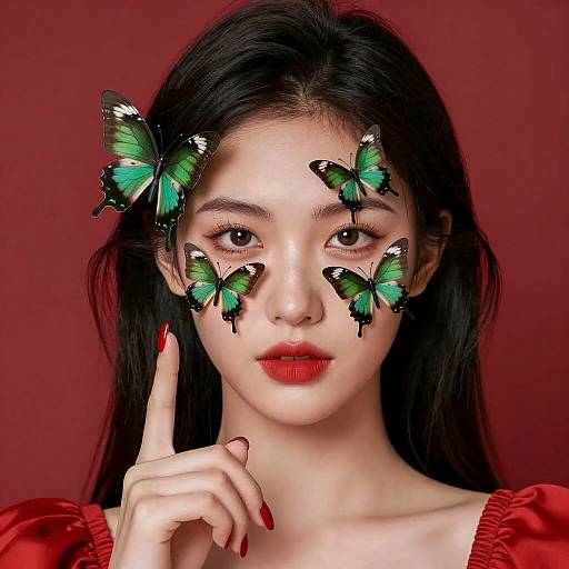East Asian woman with green butterflies on face