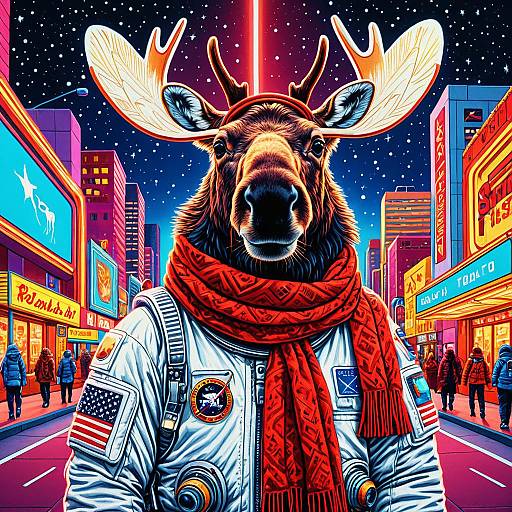 Astronaut Moose in Neon Futuristic City