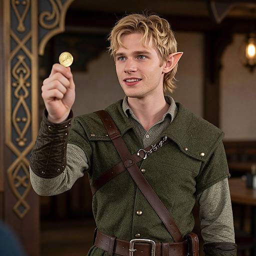 Photograph of a young, blonde, elf-like man with pointed ears, wearing a green medieval-style shirt and brown leather belt, holding a gold coin