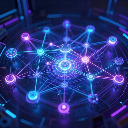 Digital CGI image of a glowing, neon blue and purple network of interconnected circles and lines, resembling a futuristic molecular structure against a dark, radial background.