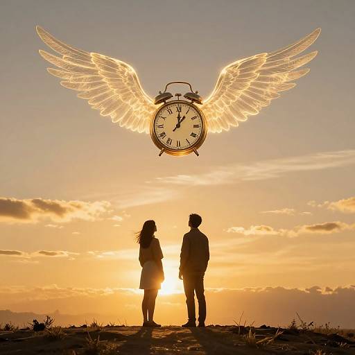 Silhouetted couple at sunset gazes at glowing, angel-winged clock above. Golden sky, warm hues, and serene landscape create romantic,