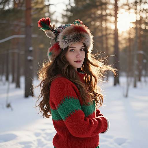 Photograph of a young woman with long brown hair, wearing a red and green striped sweater and a fur-trimmed winter hat, standing in a
