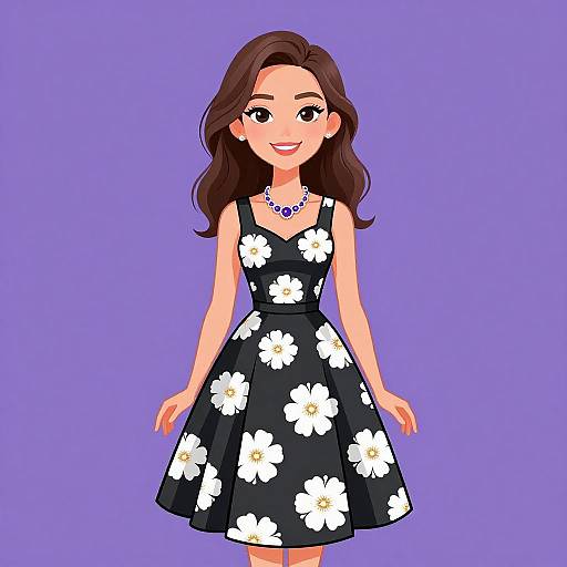 Digital illustration of a smiling woman with long brown hair, wearing a black floral dress and purple necklace, against a purple background.