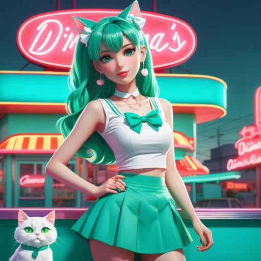 Anime Girl with Cat Outside Neon Diner
