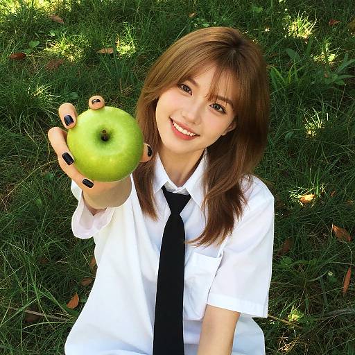 Smiling Woman Offering Apple with Black Hole