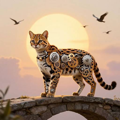 Digital artwork of a patterned cheetah with swirl designs standing on a stone bridge at sunset, with birds flying in the background.