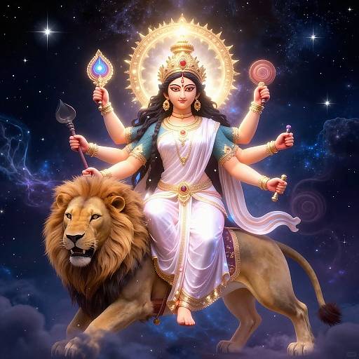 Digital artwork of Goddess Durga with six arms, golden halo, white dress, holding trident and chakra, standing beside a majestic lion, against