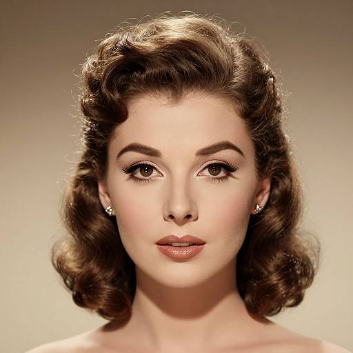 Photorealistic digital portrait of a fair-skinned woman with vintage-style, wavy brown hair, brown eyes, subtle makeup, and pearl earrings,