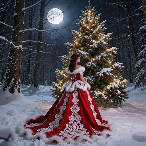 Photograph: Elegant woman in red, white lace ball gown with fur trim, standing in snowy forest, illuminated Christmas tree, full moon.
