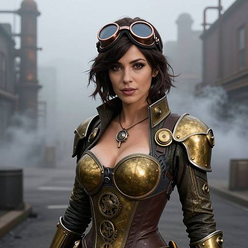 Digital artwork of a steampunk woman with dark hair, goggles, gold armor, large breasts, and key necklace, standing in a foggy,