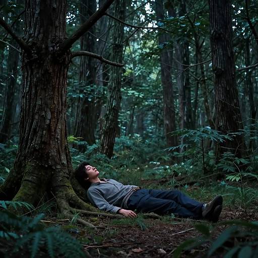 Photograph of an Asian man with short black hair, wearing a gray shirt and black pants, lying on forest floor, leaning against a tree, surrounded