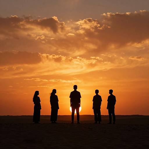 Silhouetted group of five people standing against a vibrant orange and yellow sunset sky, with scattered clouds. Photograph.