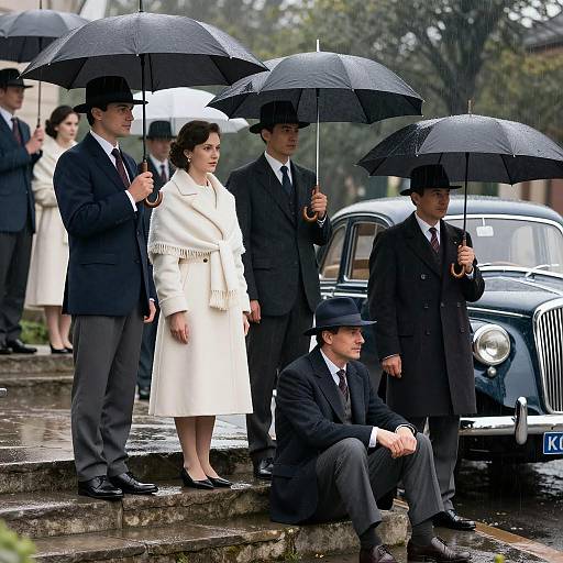 Group in Vintage Attire Holding Umbrellas on Rainy Day