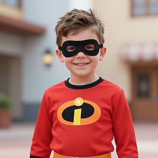 Photograph of a smiling young boy with brown hair, wearing a black mask, red 