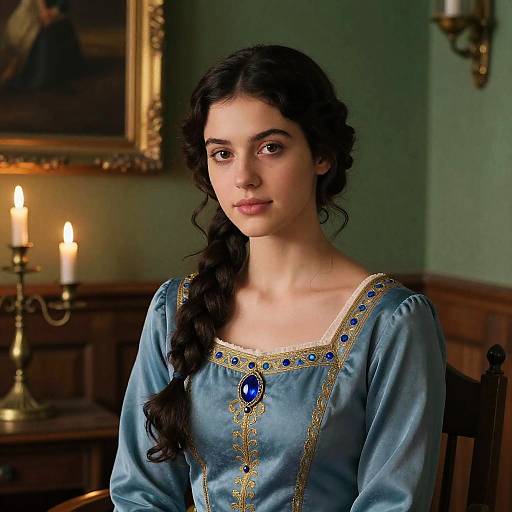 Photograph of a young woman with long, dark, wavy hair in a blue, gold-trimmed medieval dress with a blue gemstone,