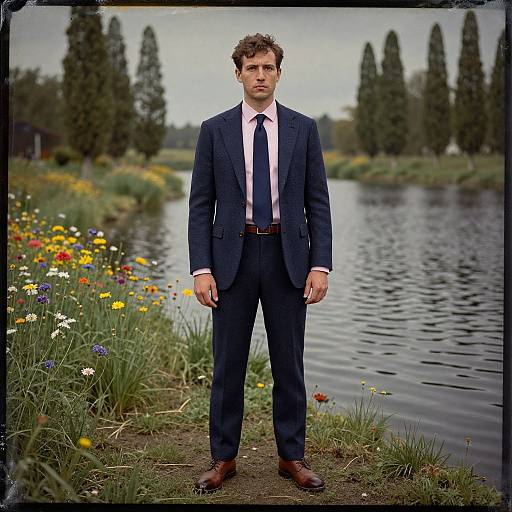 Photograph of a serious, curly-haired man in a dark blue suit, white shirt, and brown shoes standing by a flower-filled riverbank with tall