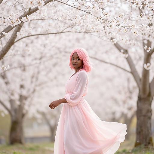 Photograph of a young Black woman with pink hair in a flowing white dress, standing in a sunlit cherry blossom tree grove.