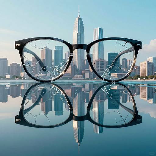 Photograph of broken black-rimmed glasses centered in front of a reflective city skyline with tall skyscrapers and a clear blue sky.