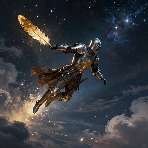 Digital artwork of a medieval knight in silver armor, helmet, and flowing black cloak, soaring through a starry night sky with a glowing feather in his