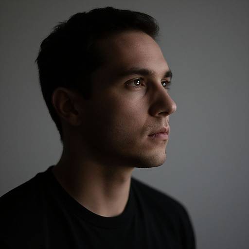 Photograph of a young man with short dark hair, side profile, shadowed face, intense gaze, wearing a black shirt, against a gray background