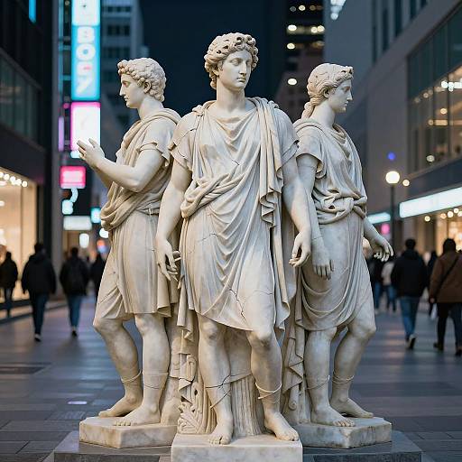 Stoic Statues Amid Urban Neon
