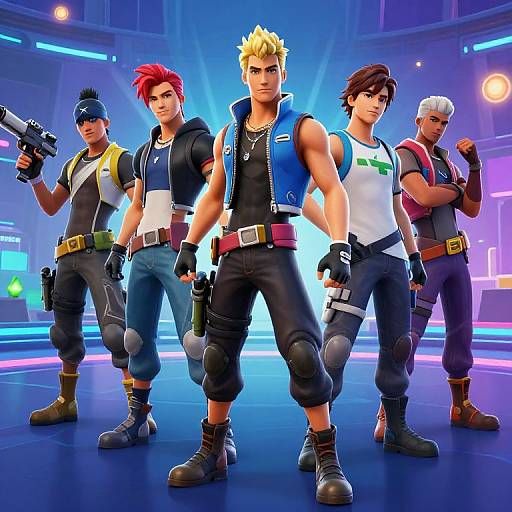 Digital artwork of five muscular, anime-style male characters with vibrant hair, holding guns, standing in a neon-lit arena. Bold colors, futuristic background