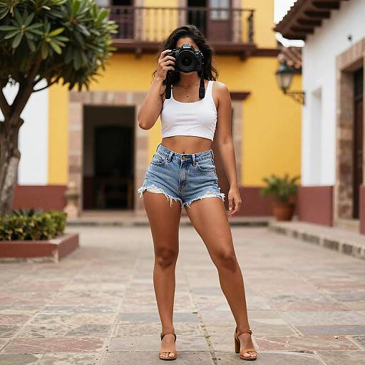 Woman photographing in colorful colonial courtyard