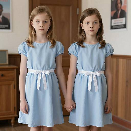 Two Young Girls in Matching Blue Dresses Holding Hands