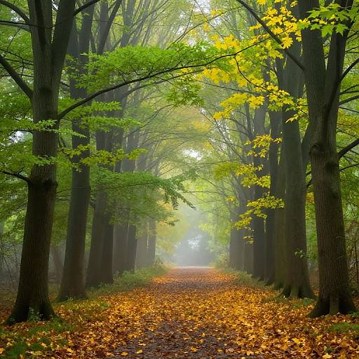 Photograph of a misty forest path lined with tall trees, vibrant green leaves, and a carpet of orange autumn leaves.
