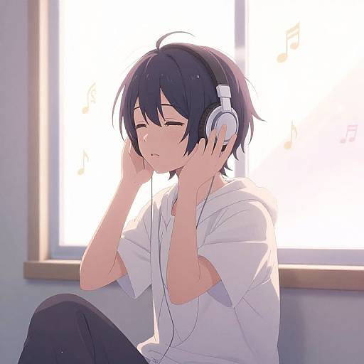 Anime-style digital drawing of a black-haired boy with closed eyes, wearing white headphones and a white shirt, sitting by a bright window.