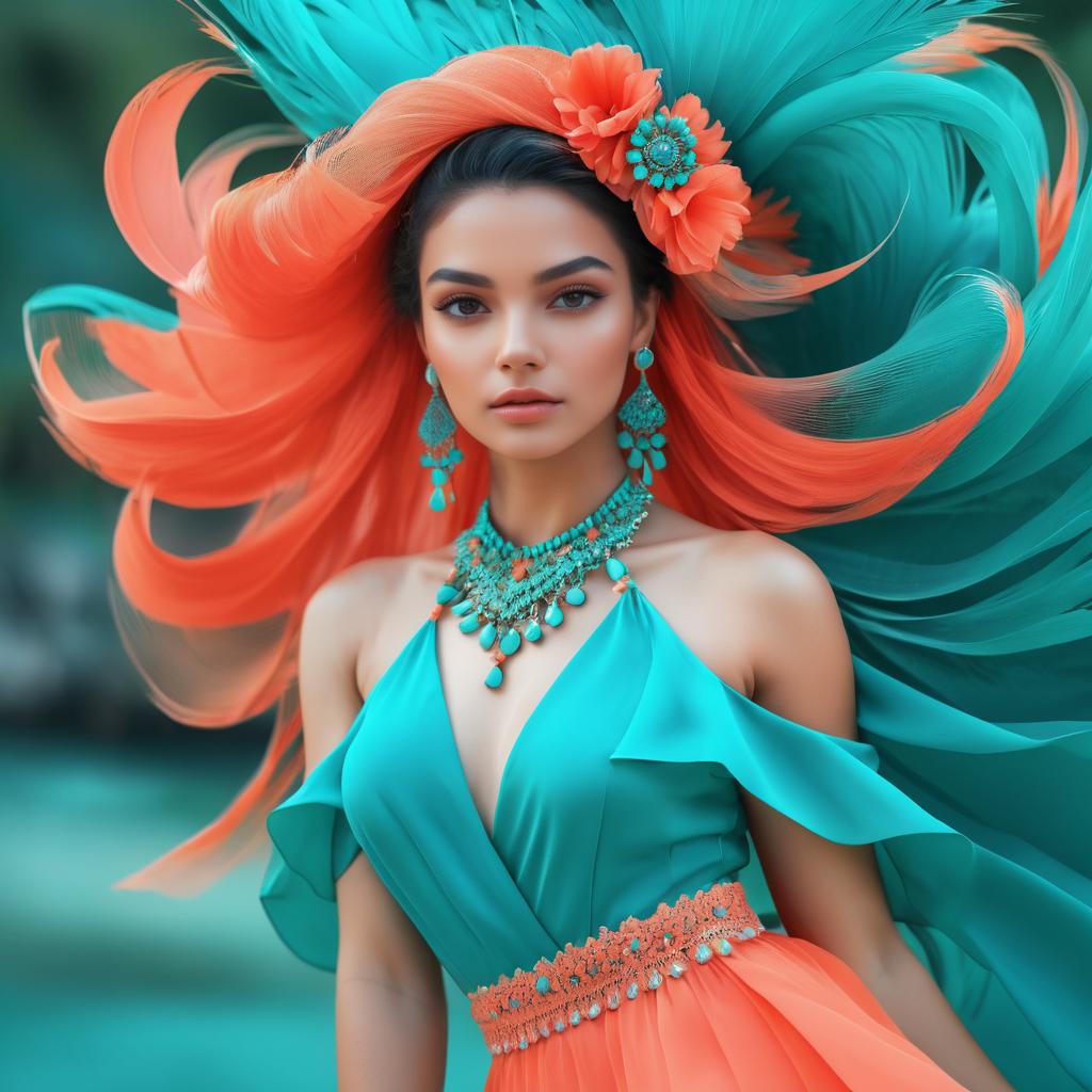 Stunning Girl in Coral and Teal Hues