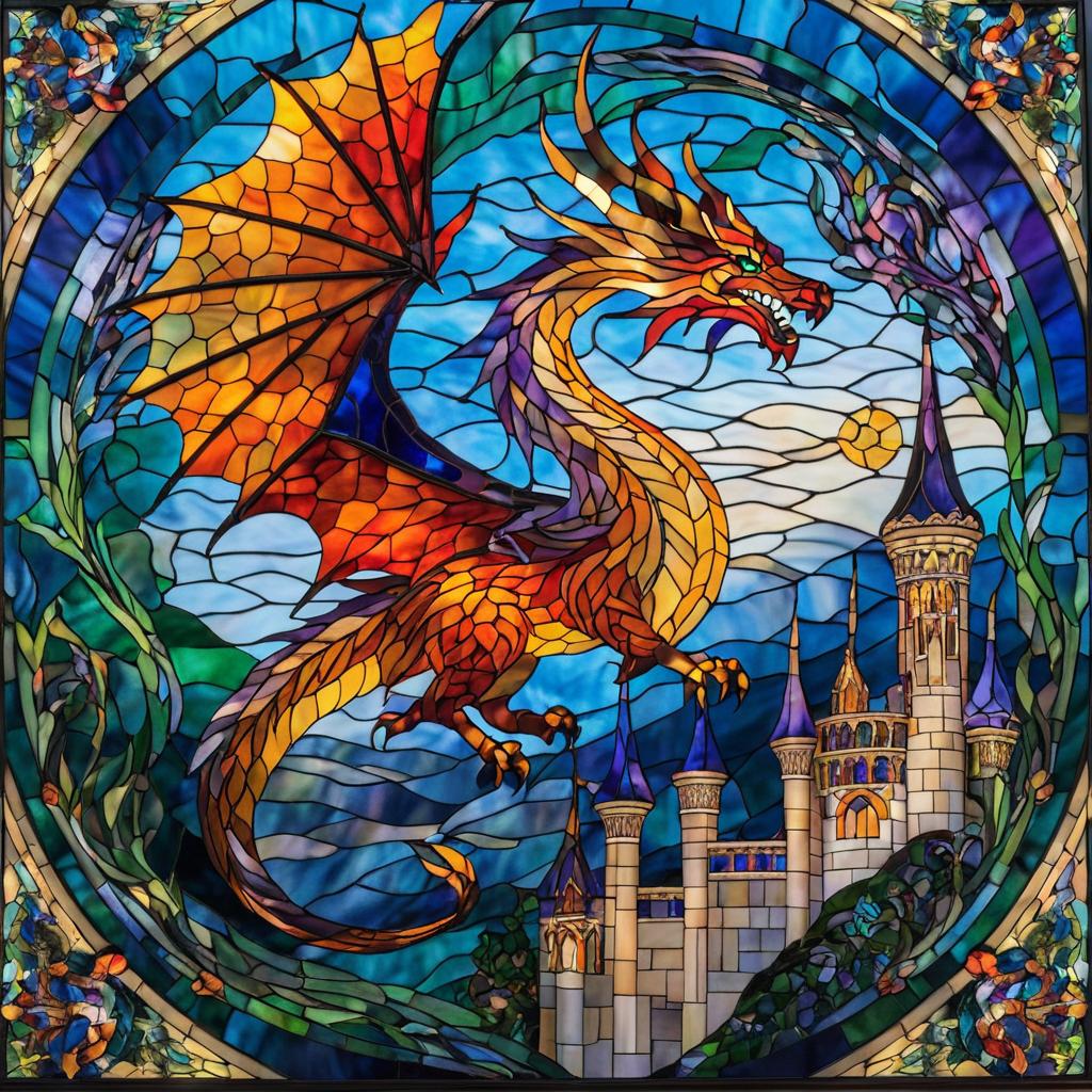 Mystical Dragon and Castle Stained Glass Art