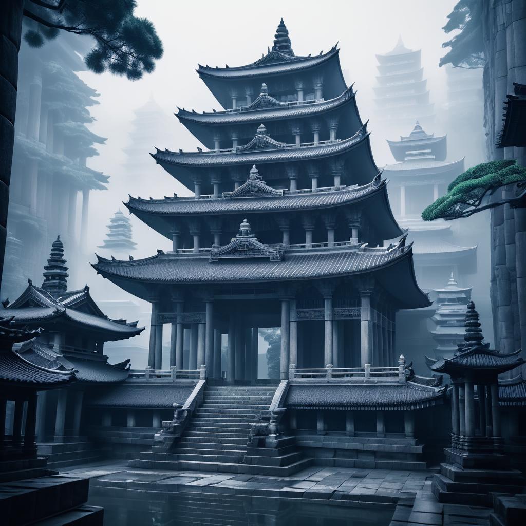 Misty Ancient Temple with Intricate Carvings