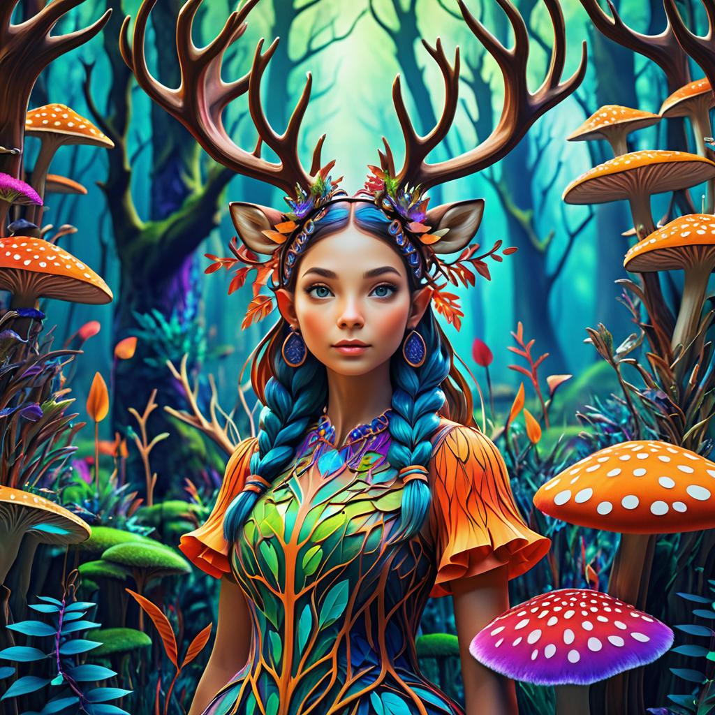 Whimsical Deer Girl in Vibrant Forest