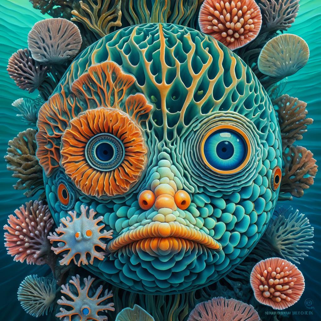 Psychedelic Deformed Face and Sea Life