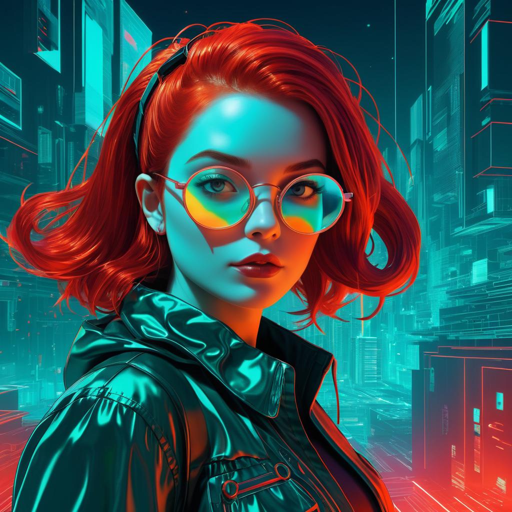 Whimsical Cyberpunk Girl with Red Hair