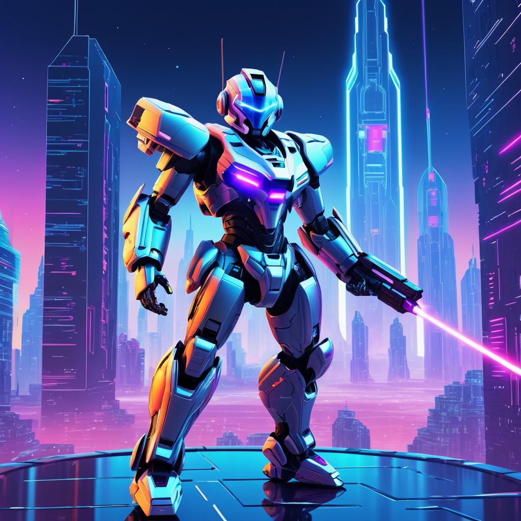 Energetic Robot in Futuristic Cityscape