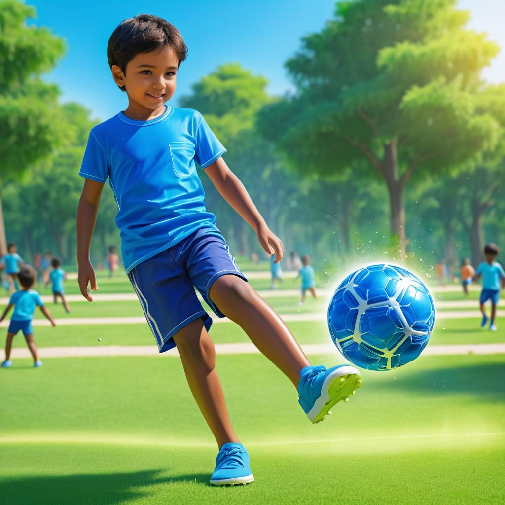 Boy in Blue T-Shirt Playing Soccer