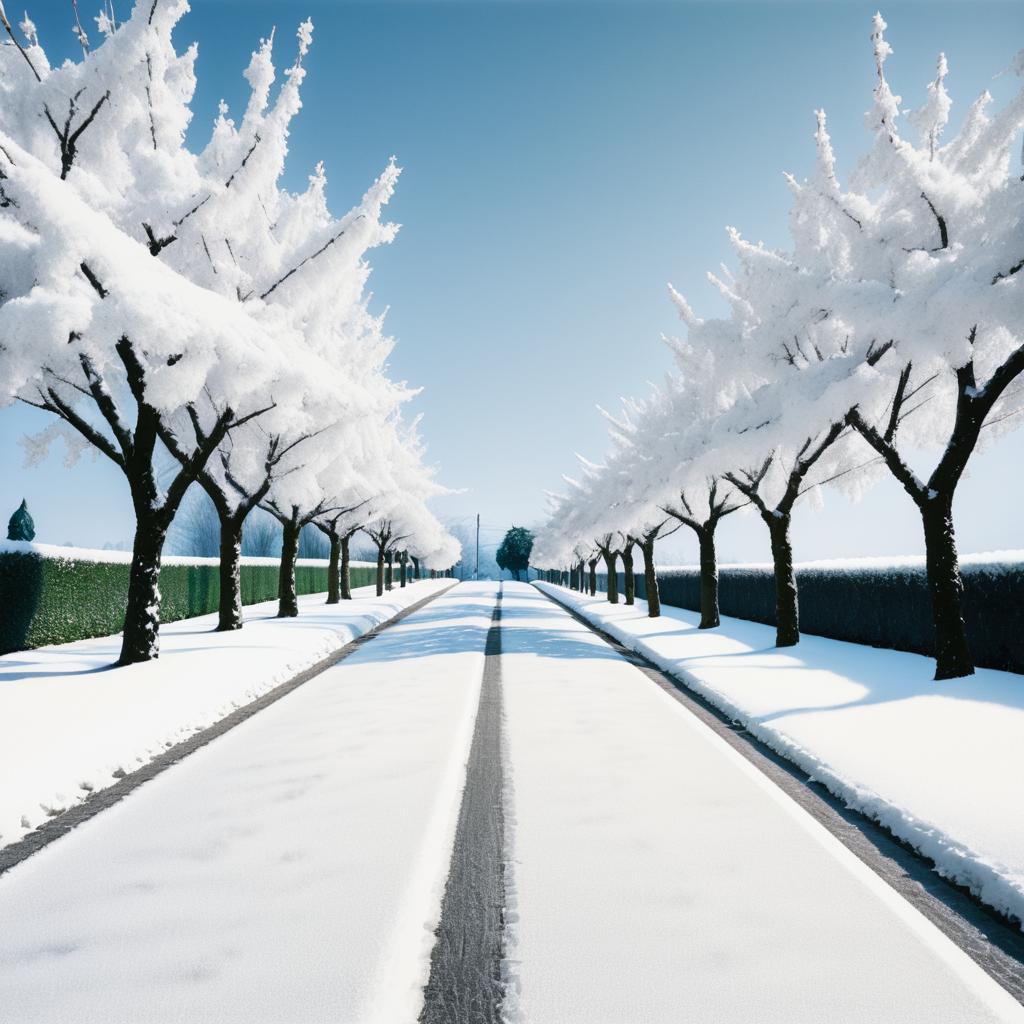 Snowy Italian Road with Cherry Trees