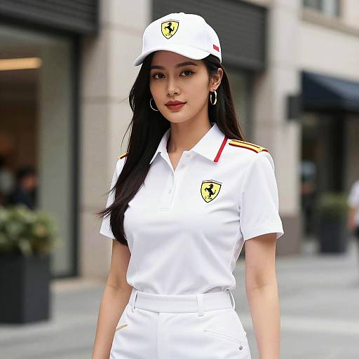Woman in Ferrari Uniform with White Cap