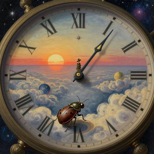 Digital painting of a clock with a sunset sky, clouds, planets, and a red beetle on its face, featuring Roman numerals and black hands.