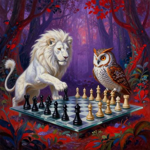 Digital artwork: A white lion and a brown owl engage in a chess match in a vibrant, magical forest with purple and red foliage.