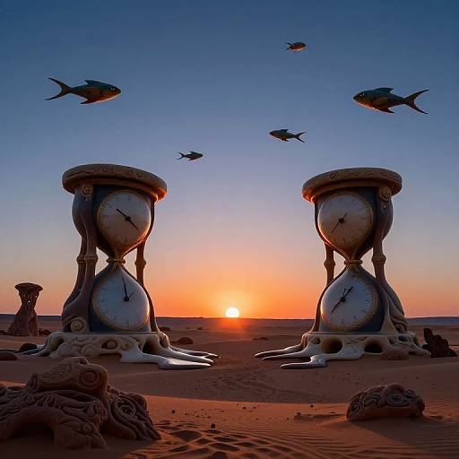 Photograph of a surreal desert sunset with two giant hourglass-like structures, fish flying in the sky, and sand sculptures scattered on the dune.