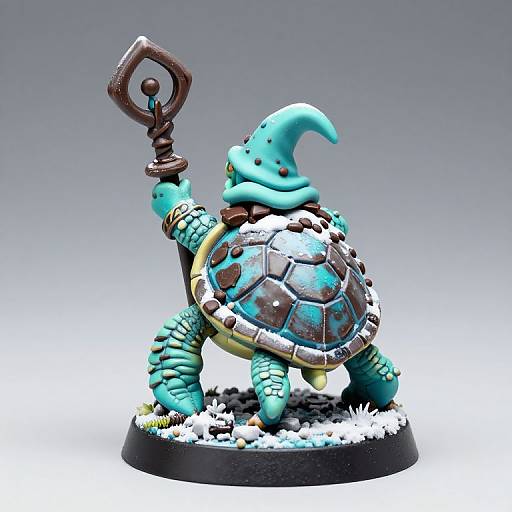Photograph of a detailed, turquoise, wizard turtle figurine with a warty hat, holding a staff, standing on a grassy base.