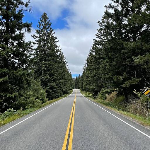 Photograph of a straight, empty road with yellow center line, flanked by tall, dense evergreen trees under a partly cloudy sky.