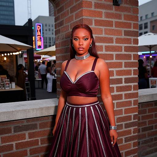 Photograph of a confident Black woman with red hair, wearing a burgundy crop top and skirt with silver accents, standing against a brick pillar in a